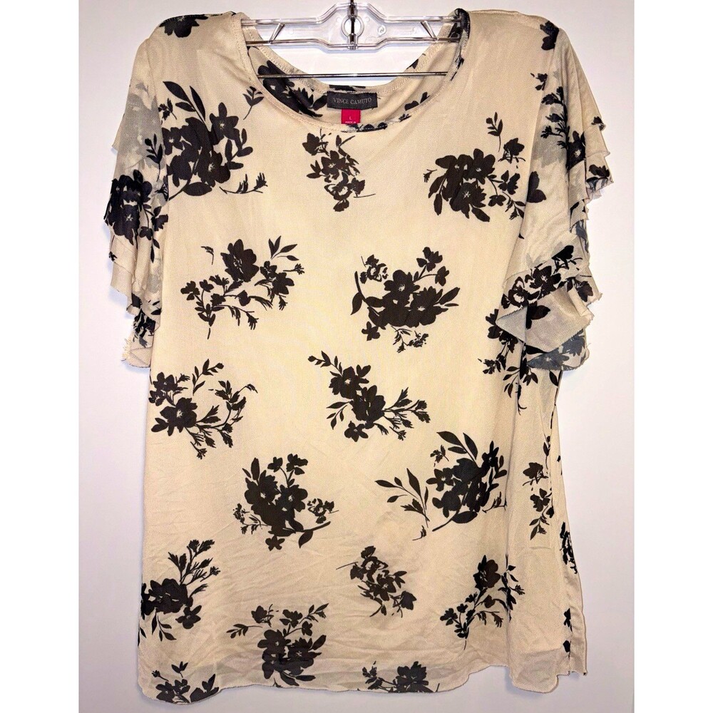 Vince Camuto Women’s Beige/Black Floral Ruffle Flutter Sleeve Blouse L